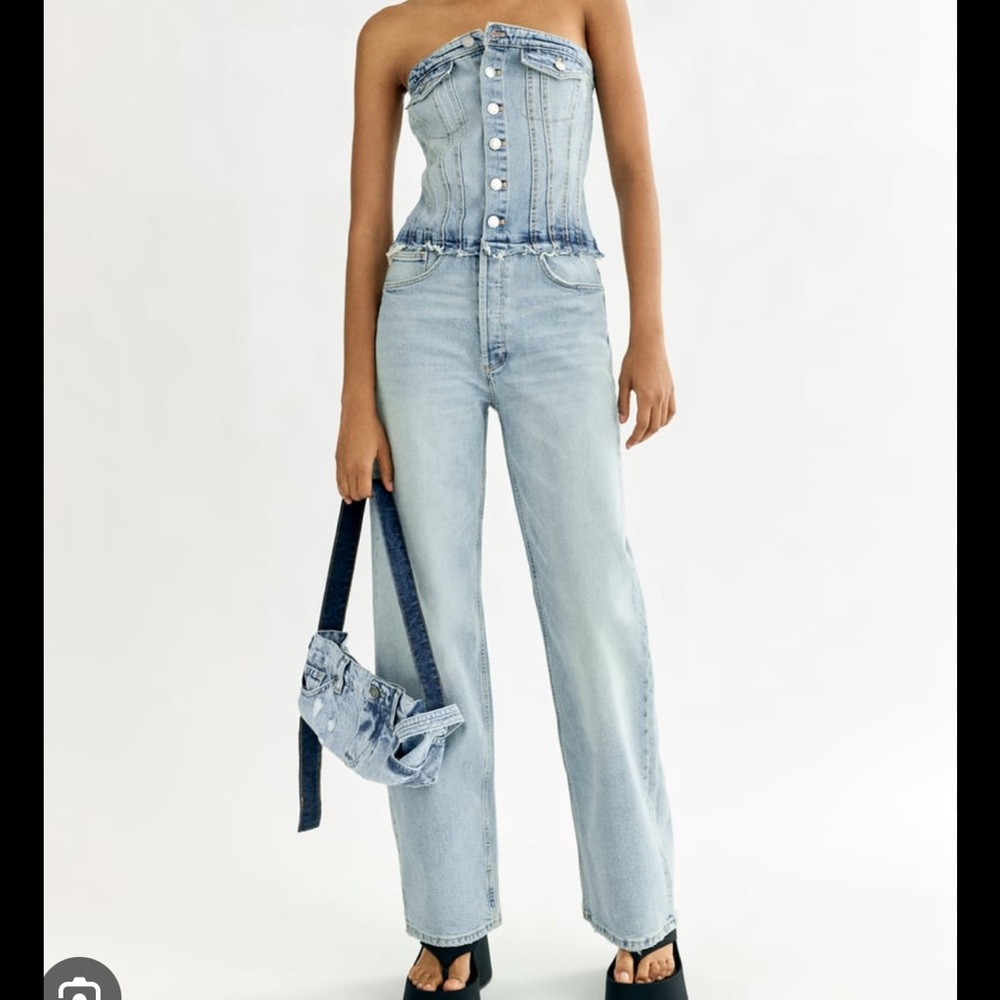 Zara Light Wash Denim Strapless Jumpsuit
